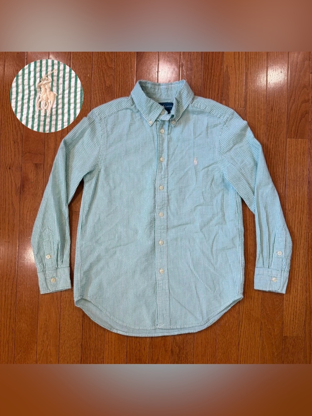 Polo Ralph Lauren Boys Medium 10-12 Seersucker Button Down Shirt Striped Preppy